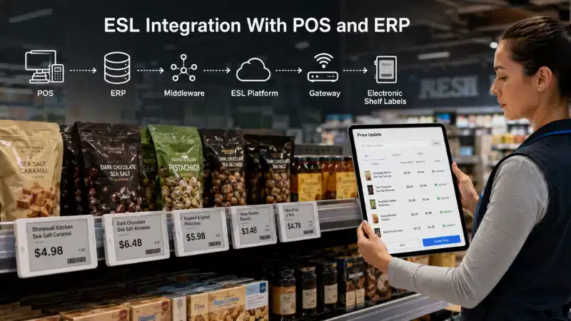 Интегриране на електронни етикети на рафтове с POS и ERP: API, картографиране на данни, обработка...